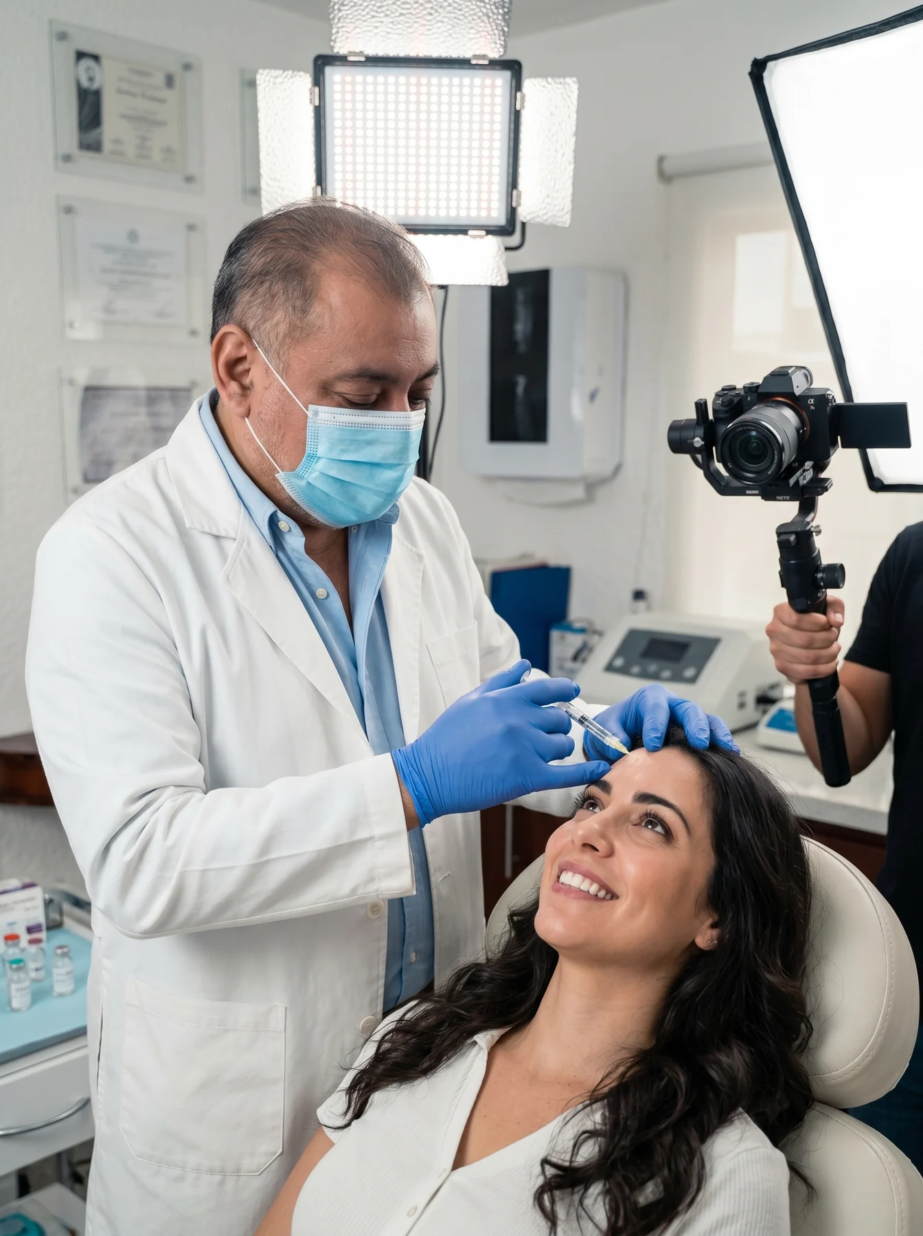 Dr. Manrique durante un procedimiento facial en consulta